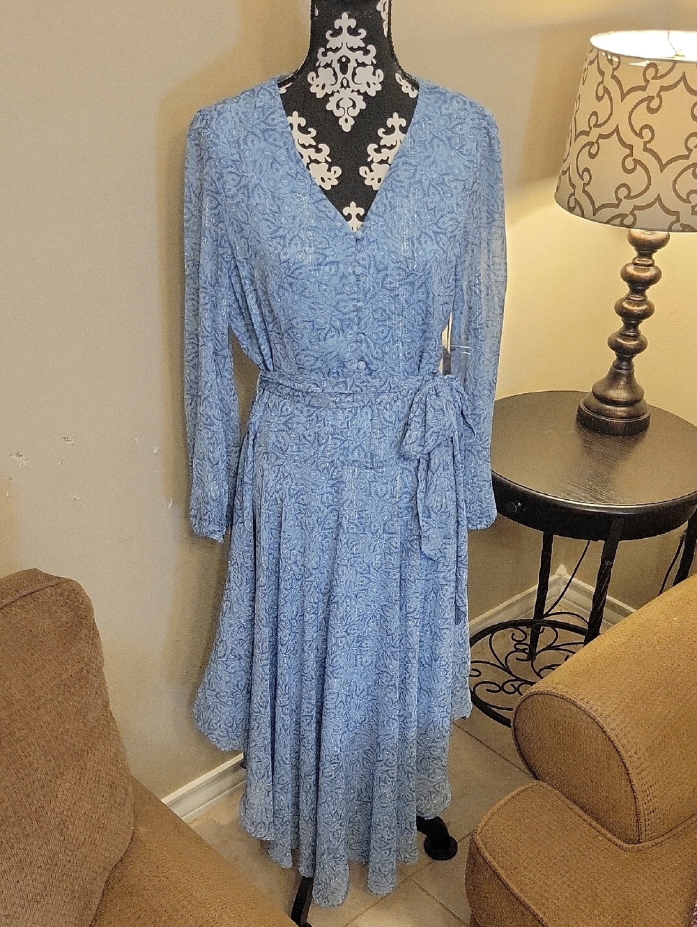 Vince Camuto Light Blue Paisley Long Sleeve Wrap Dress